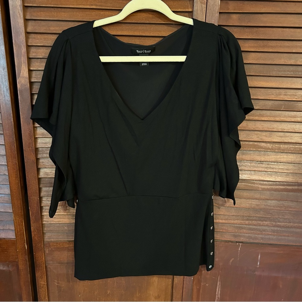 White House Black Market - Elegant Black V-Neck Tunic with Flutter Sleeves